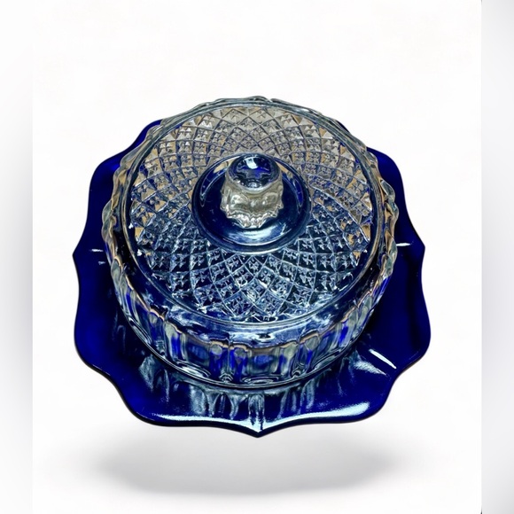 Imperial Glass Cobalt Blue Cheese Serving Dish With Lid Vintage 5" - Picture 1 of 16